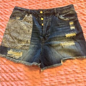 Easel Blue Denim Shorts with Paisley Accent